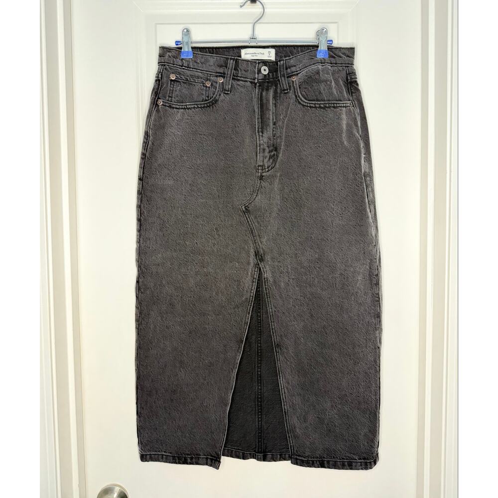 Abercrombie & Fitch High Rise Denim Midi Skirt Gray Black Wash Front Slit Size28